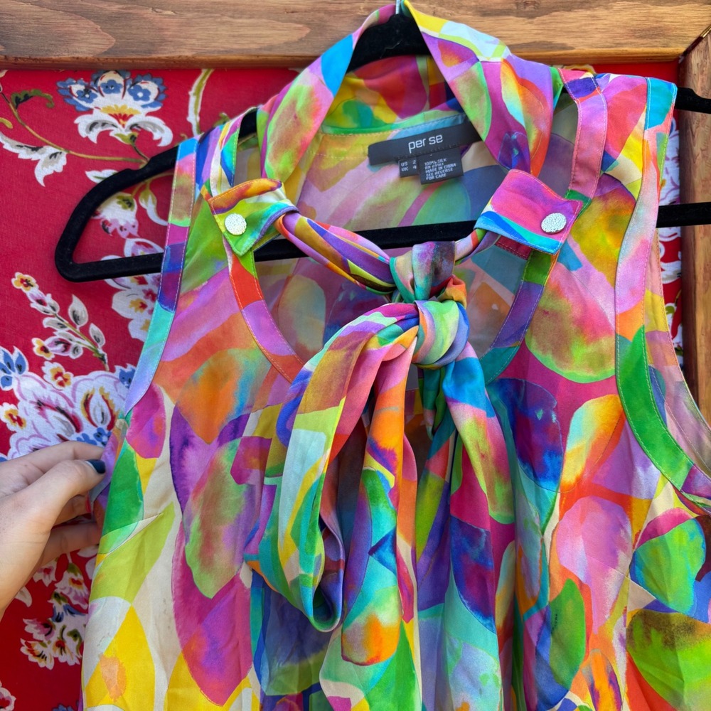 100% Silk Vibrant Multicolor Neck Tie Sleeveless Artsy Boho Chic Blouse Size S - Picture 9 of 13
